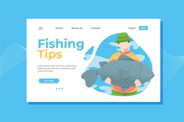 钓鱼钓具网站概念插画网站着陆页设计模板 Fishing Landing Page Illustration
