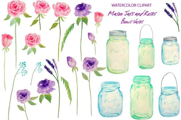 粉紫色玫瑰剪贴画DIY请柬贺卡素材 Watercolor Wedding Mason Jars Roses