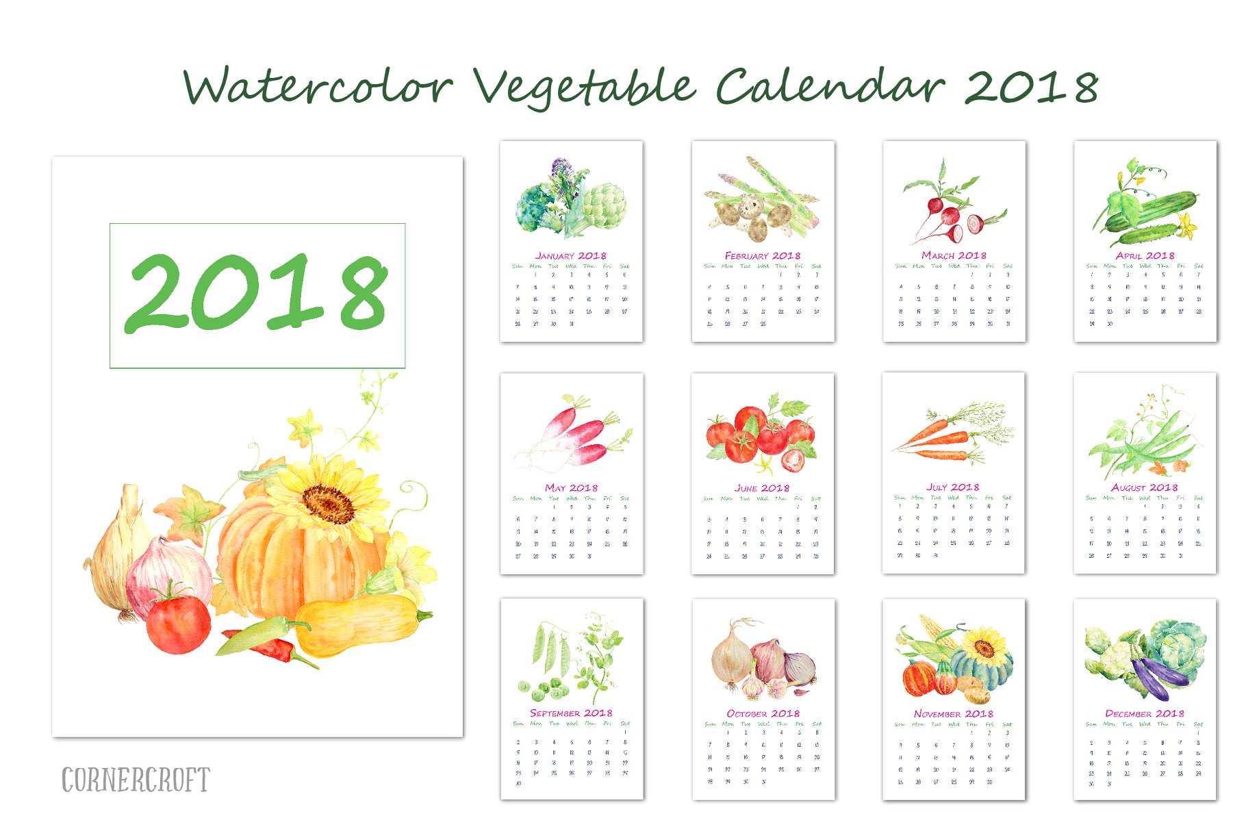 特色水彩瓜果蔬菜年历模板 Watercolor Vegetable Calendar插图