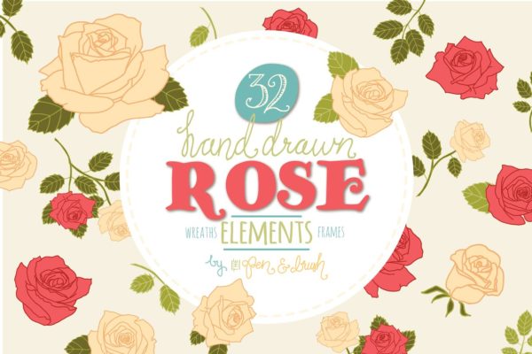 手绘玫瑰花元素矢量插画 Hand Drawn Rose Elements Vector