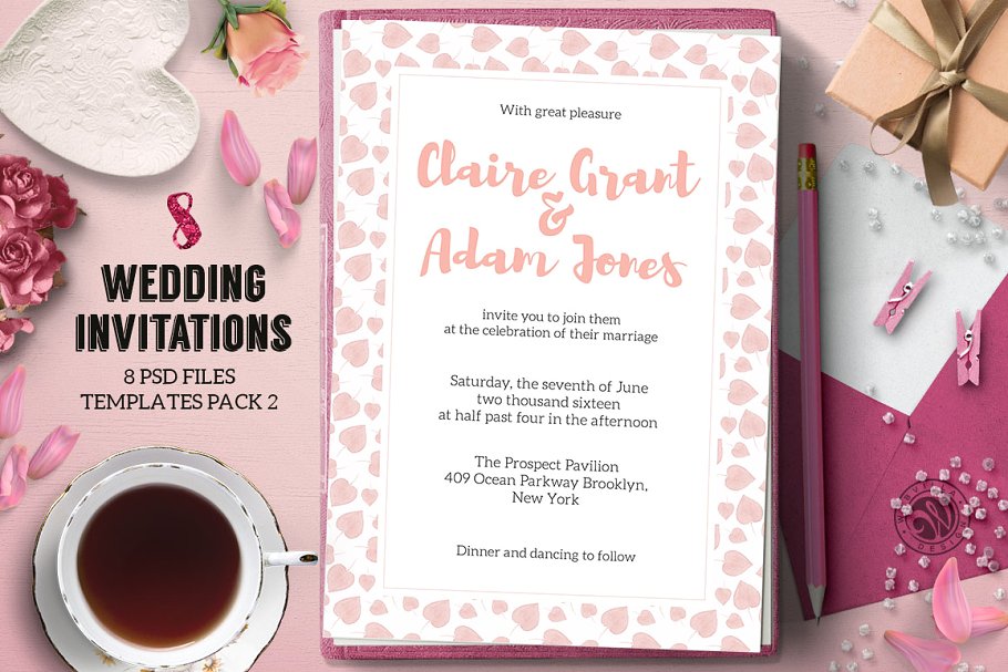 8款粉色少女元素婚礼邀请函模板 8 Wedding Invitations Pack 2插图(5)