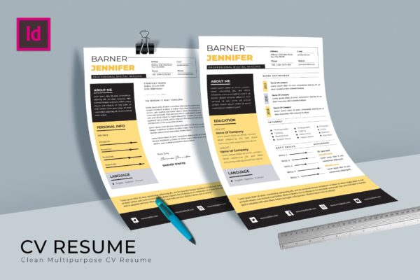 特色排版设计个人简历&amp;推荐信模板 Barner CV Resume Template