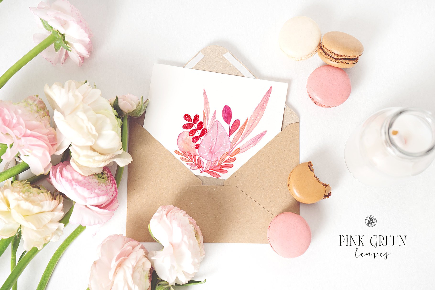 水彩手绘粉绿色叶子插画合集 Pink Green Leaves插图(5)