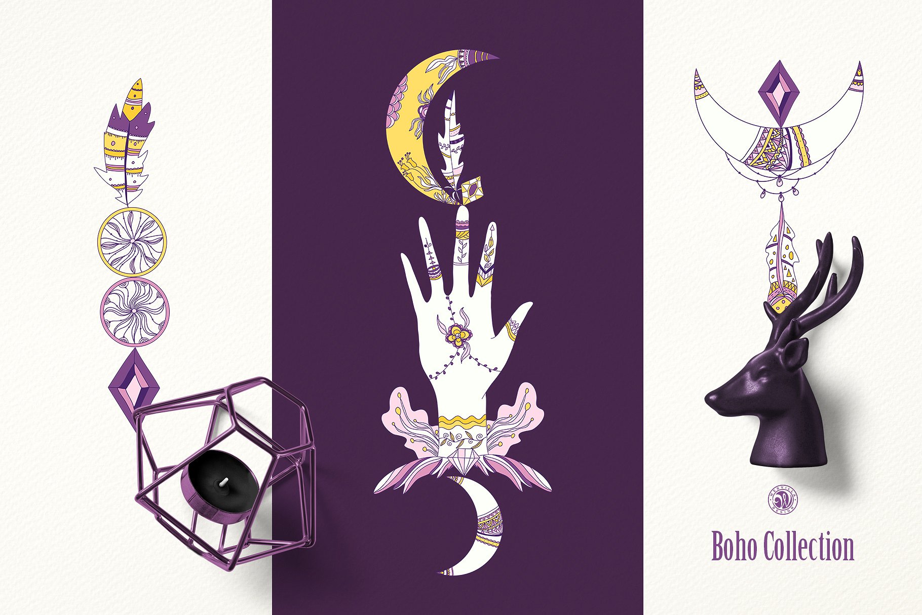 紫色波西米亚风系列水彩插画 Purple Boho Collection插图(1)