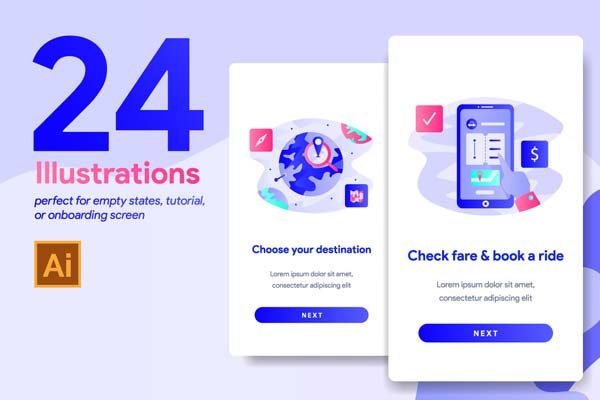 素材库下午茶：24个APP新手指引页创意矢量插画下载[Ai]
