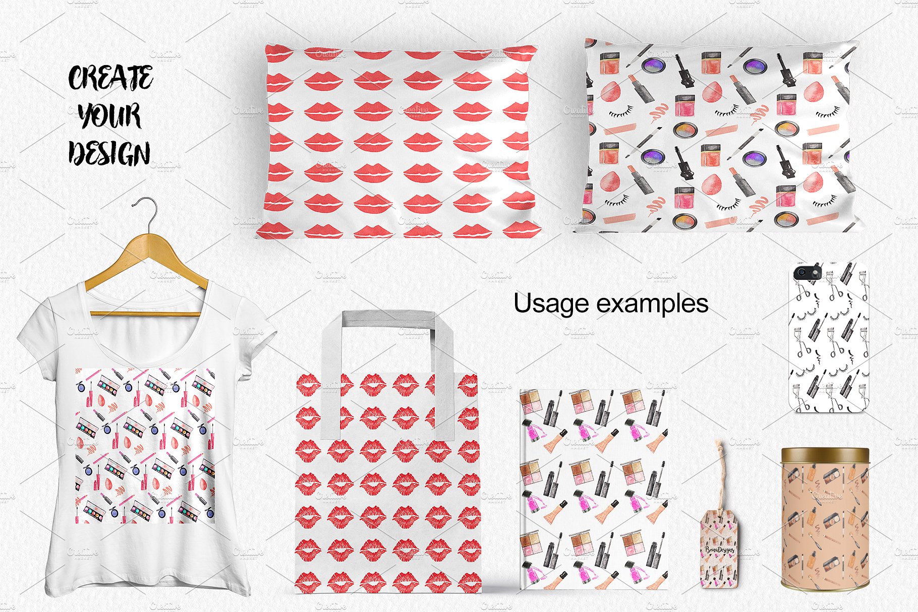 50个时尚手绘情人节风格的女性化妆品背景纹理集合插图(6)