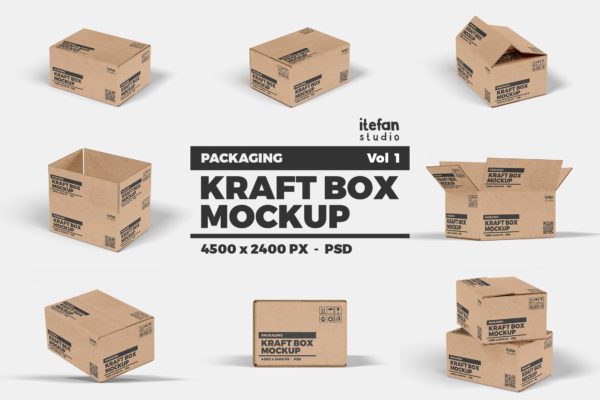 牛皮纸箱包装设计效果图样机v1 Kraft Box Mockup – Packaging Vol 1