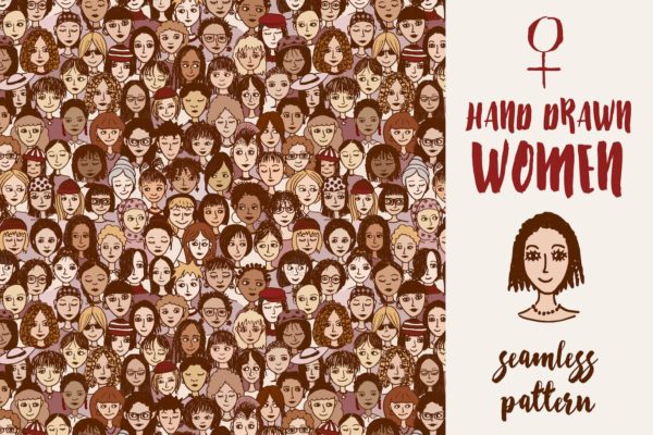女性头像无缝手绘图案矢量背景素材 Happy Women – Seamless Hand Drawn Pattern