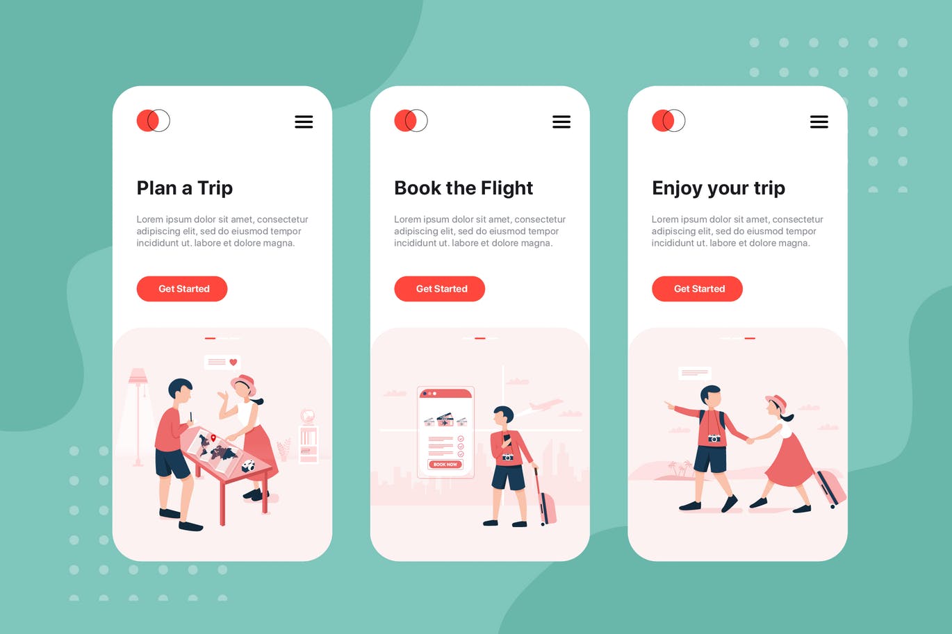 旅游主题APP应用引导页设计模板 On boarding screens for Online Booking Travel app插图