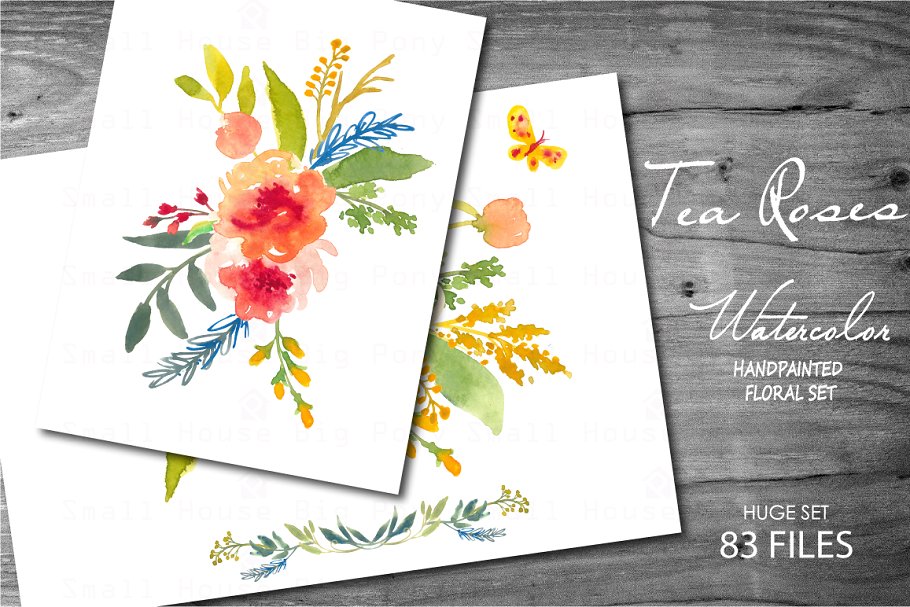 水彩手绘玫瑰花剪贴画合集 Tea Roses-Watercolor Clip Art插图(2)