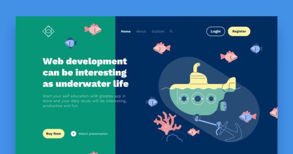 网站着陆页设计潜艇手绘场景插画素材 Submarine Landing Page Illustrations