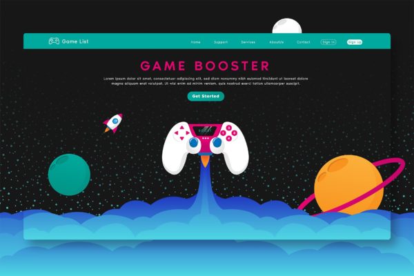 游戏加速器软件网站矢量插画模板 Game Booster – Web Header &amp; Vector Template GR