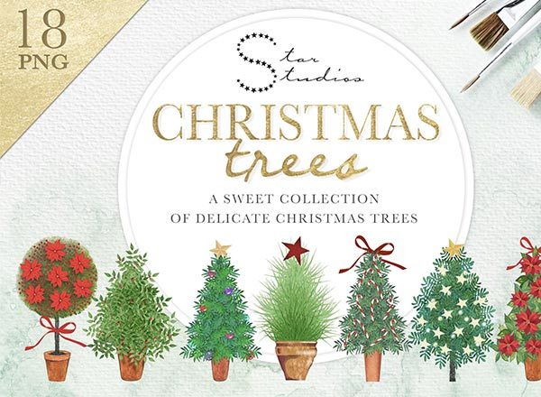 18个水彩圣诞树的甜美小集合