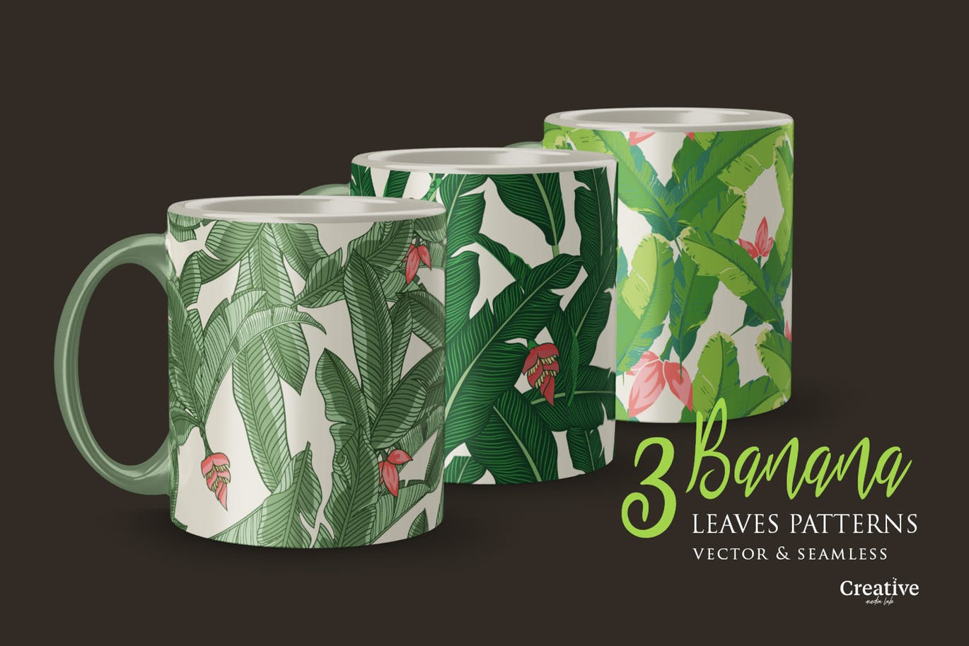 热带水果香蕉叶矢量图案纹样素材 Vector Tropical Banana Leaves Patterns插图(1)