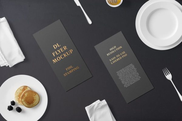 高端铝箔冲压工艺DL传单样机 DL Flyer With Foil Stamping Mockup – Breakfast Set