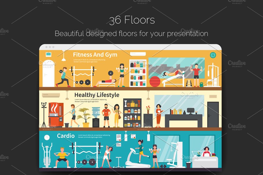 健身俱乐部扁平风概念图标合集 Fitness Flat Collection插图(1)