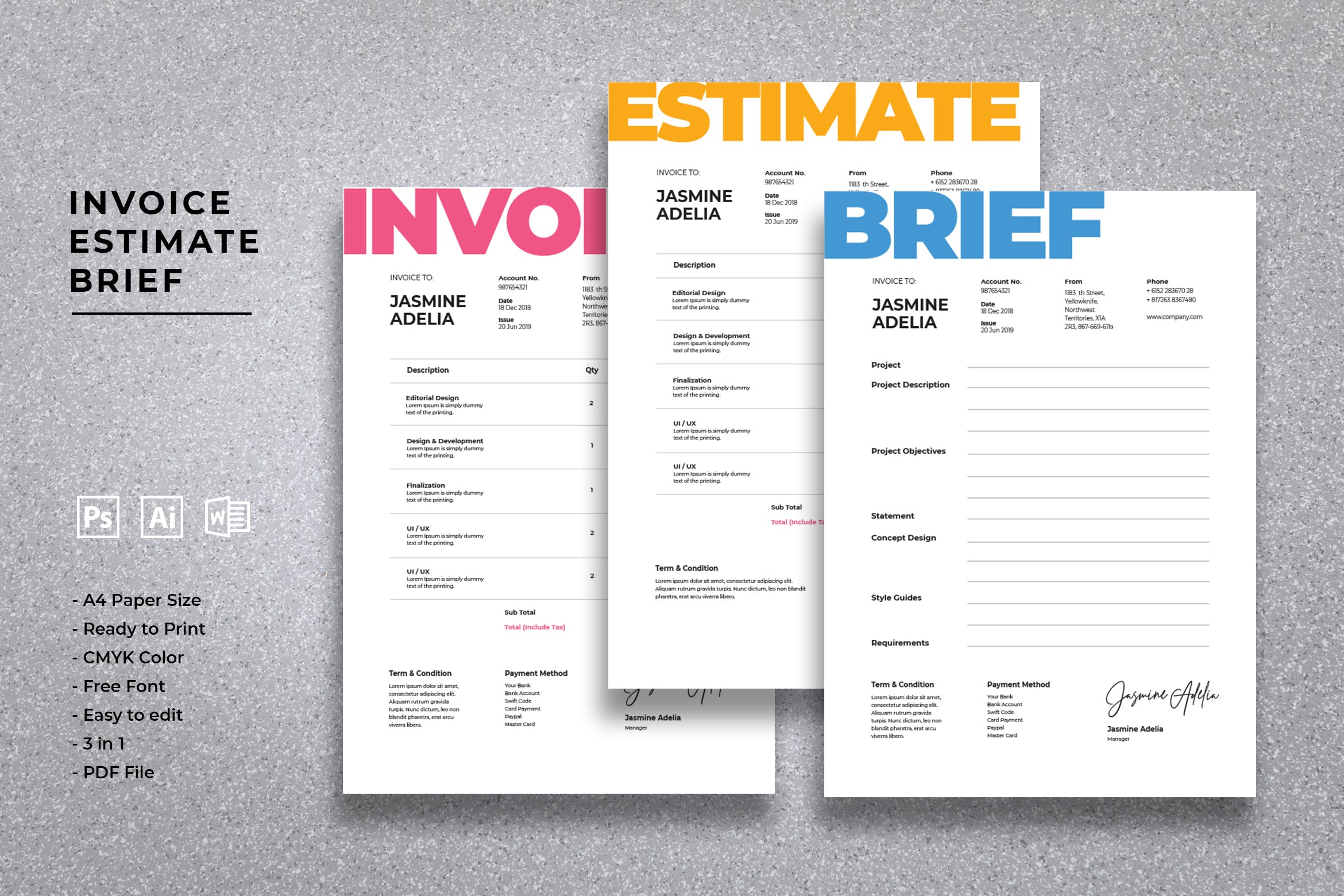 商业发票/费用估算表单设计模板 Invoice Estimate Brief插图