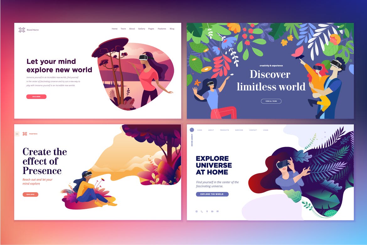 VR虚拟现实主题网站设计概念插画v1 Web design templates of virtual reality插图(1)