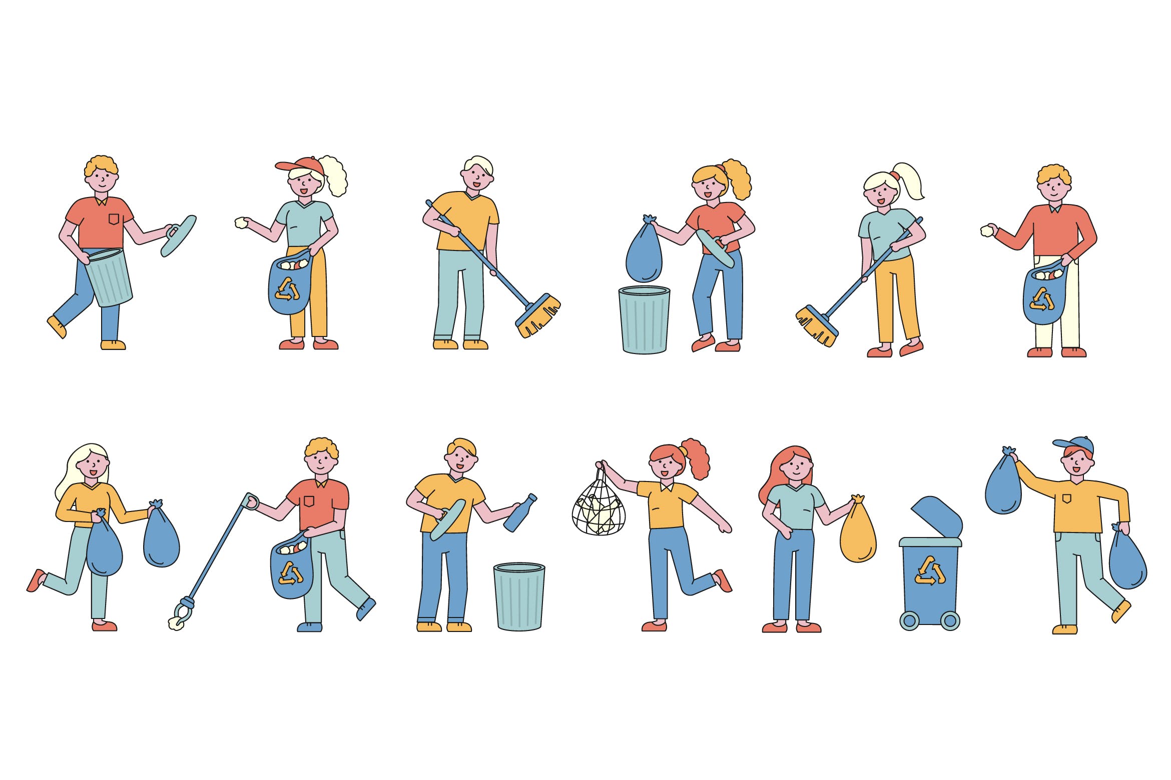 垃圾分类环保主题人物形象线条艺术矢量插画素材库精选素材 Garbage Lineart People Character Collection插图