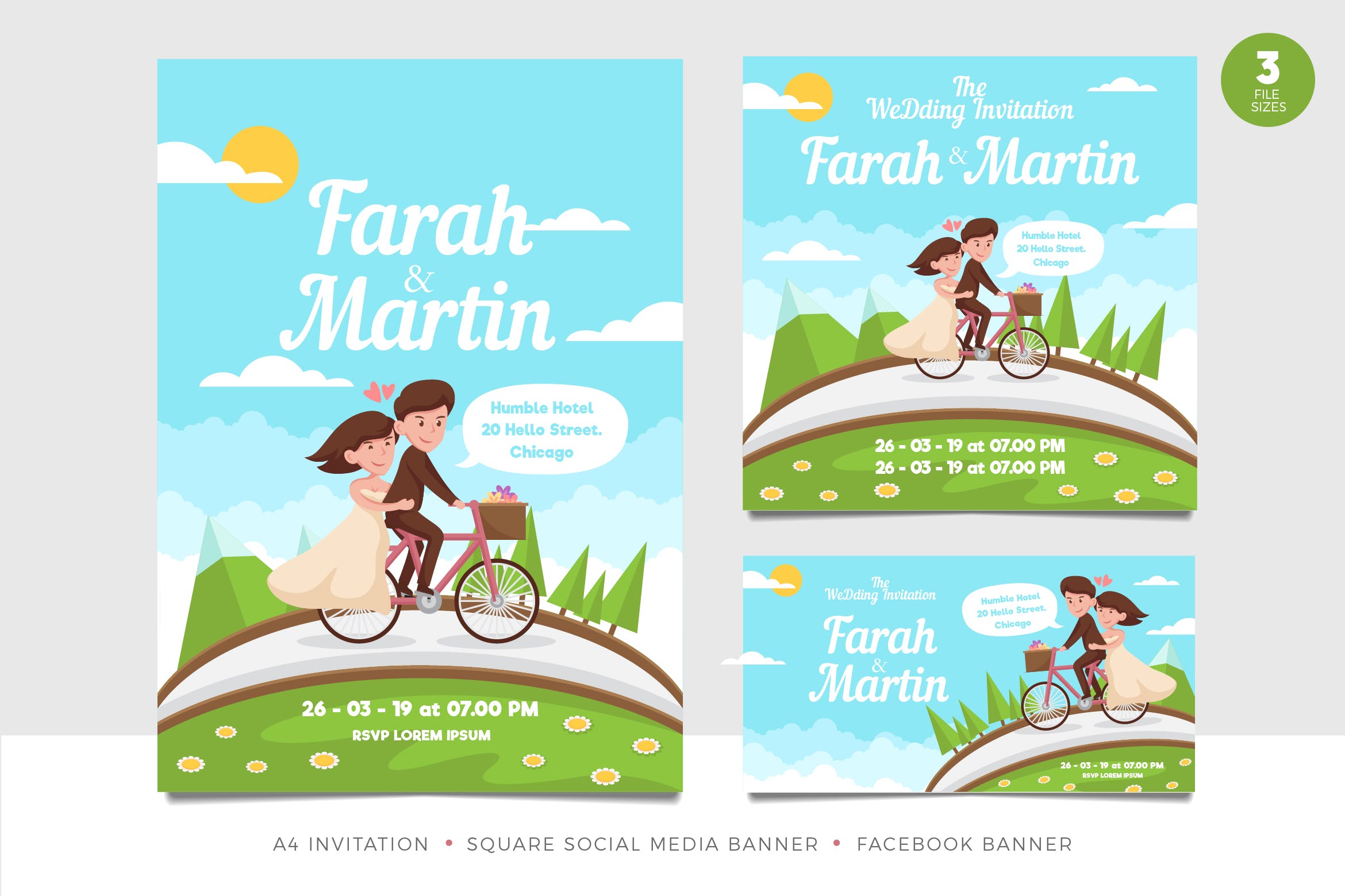 浪漫手绘设计风格婚礼邀请函素材库精选模板套件 Romantic Couple Wedding Invitation Set Template插图