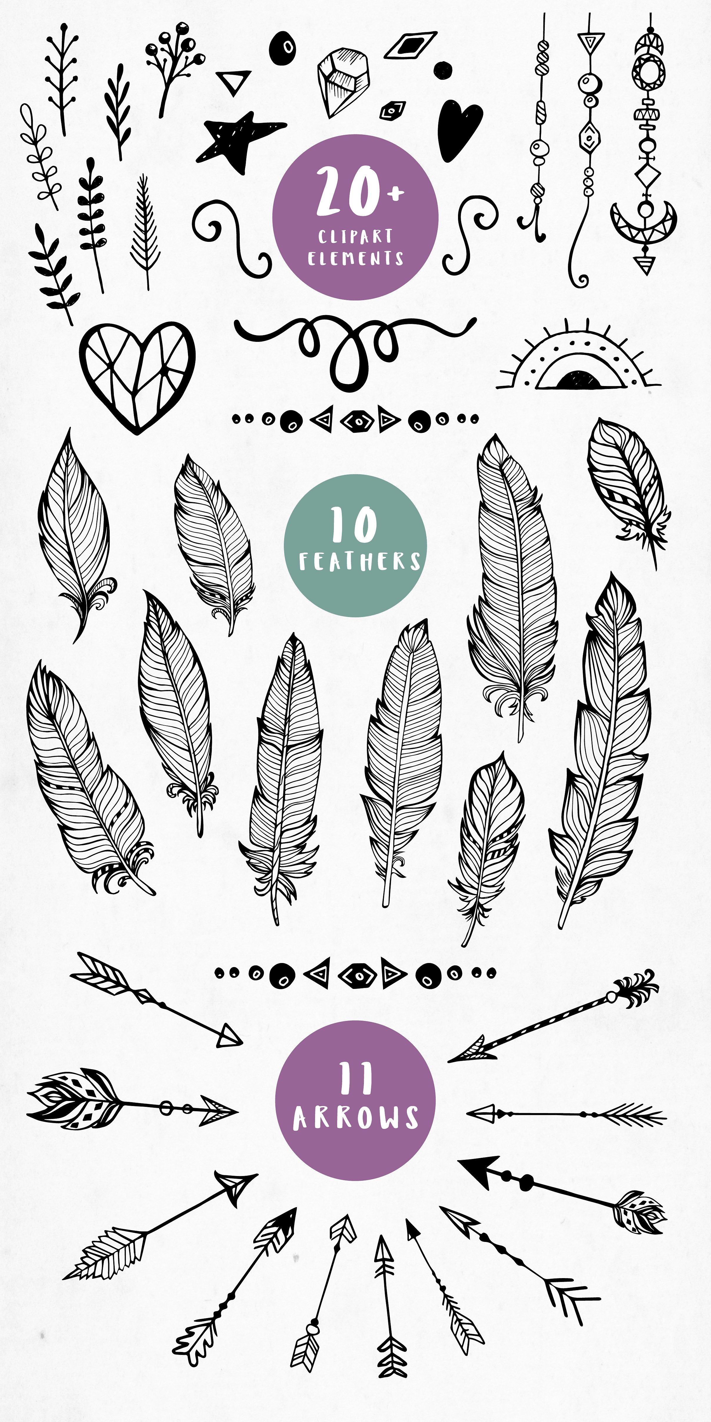 时尚的波西米亚风格剪贴画和刻字大集合插图(4)