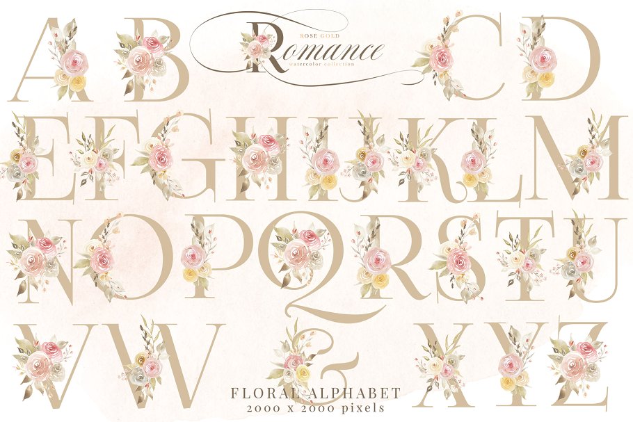 玫瑰金浪漫水彩花卉剪贴画 Rose Gold Romance Watercolor Flowers插图(1)