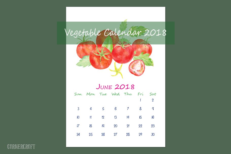 特色水彩瓜果蔬菜年历模板 Watercolor Vegetable Calendar插图(3)