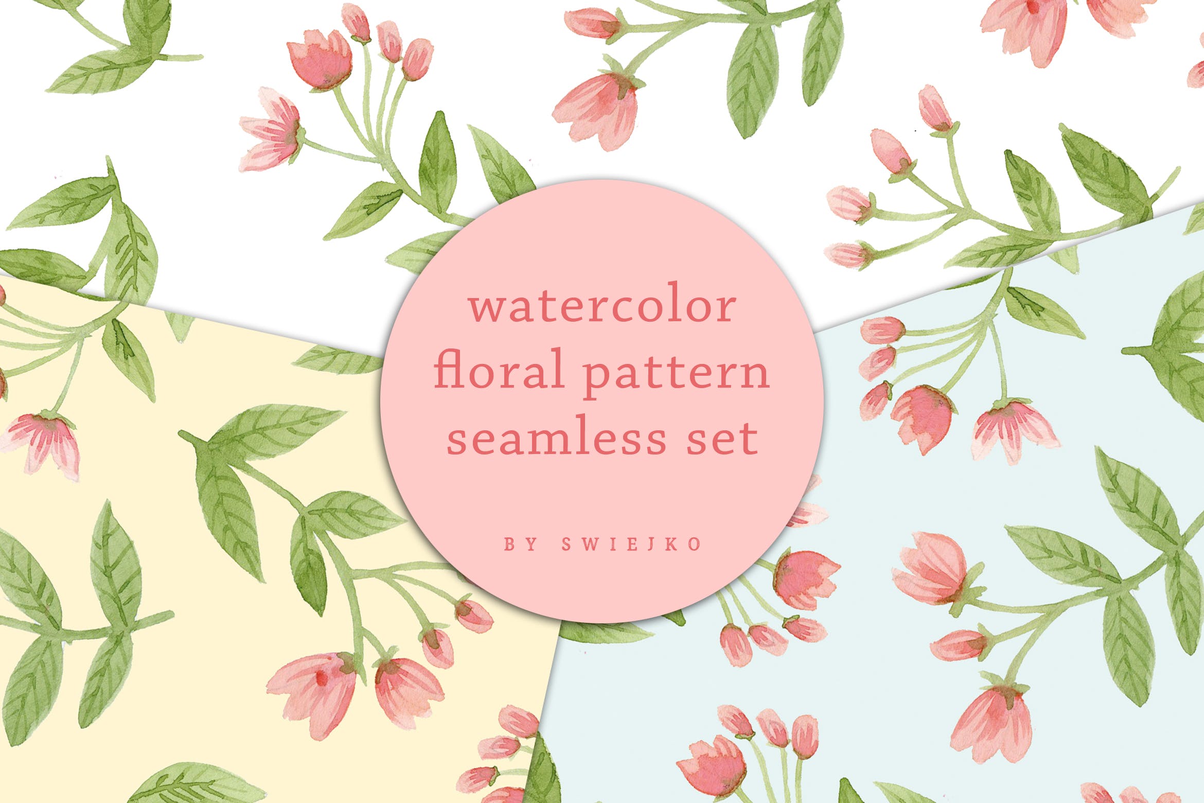 水彩花卉无缝图案背景素材库精选 Delicate Flowers – seamless watercolor pattern set插图