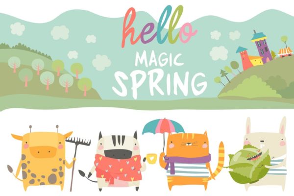 春季可爱卡通动物矢量插画素材 Vector set of cute animals with spring theme