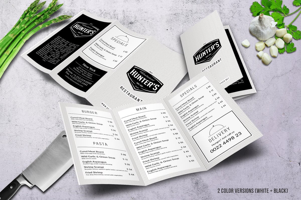 极简主义折页菜单模板 Minimal A4 Trifold Menu – 2 Color Versions插图