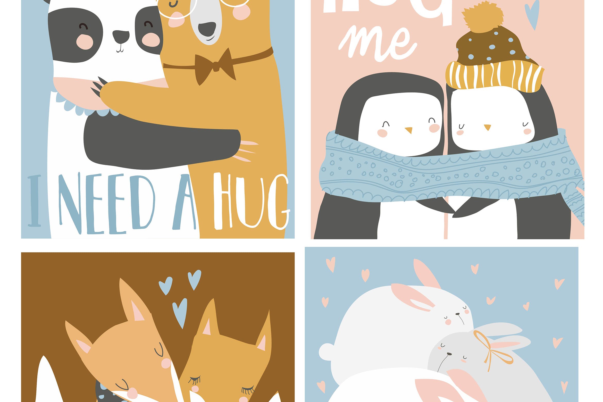 彩色卡通动物拥抱矢量插画素材库精选素材 Vector set of colored cartoon animals hugging插图