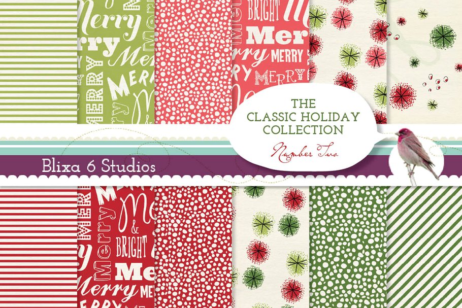 经典圣诞色彩元素纸质背景素材  Retro Holiday Digital Papers插图