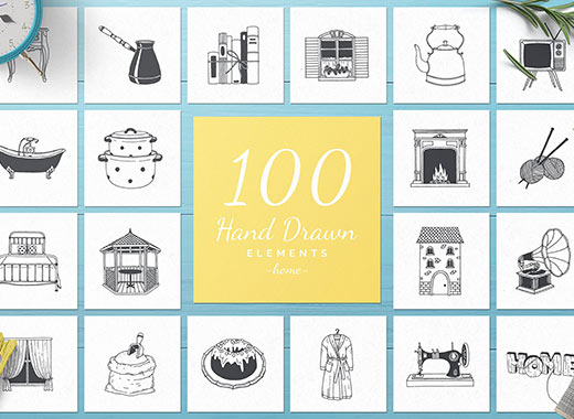 100个手绘家居用品的矢量图形素材下载[psd,ai,eps,png]