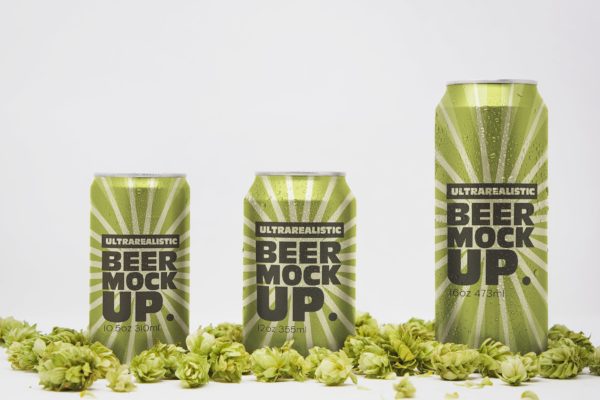 三种不同Size啤酒易拉罐外观设计图素材库精选 Front Beer Can Trio Mockup