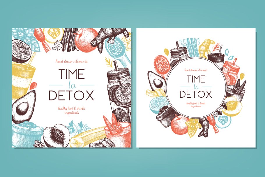 复古风格健康食品及饮料成分插画 Vegetarian Food Ingredients Set插图(4)