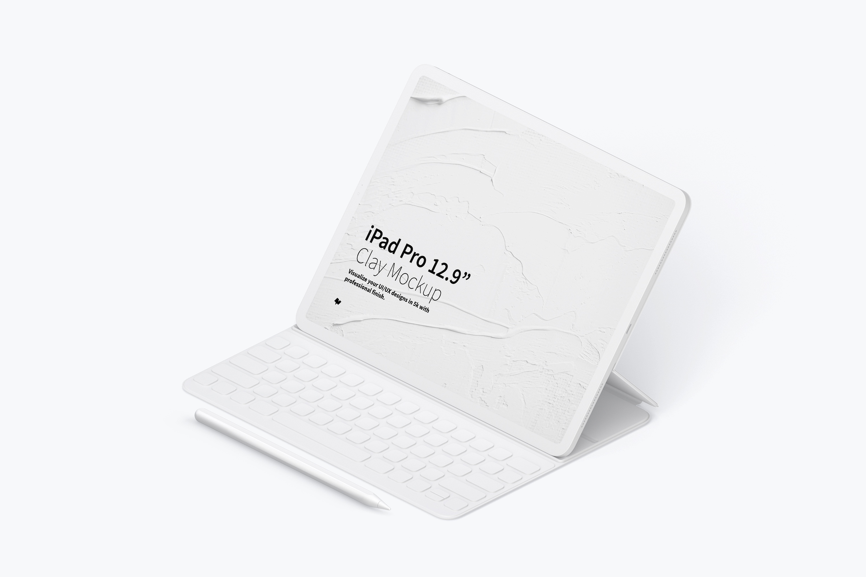 12.9寸带键盘iPad Pro平板电脑等距右视图样机 Clay iPad Pro 12.9” Mockup, Isometric Right View With Keyboard插图