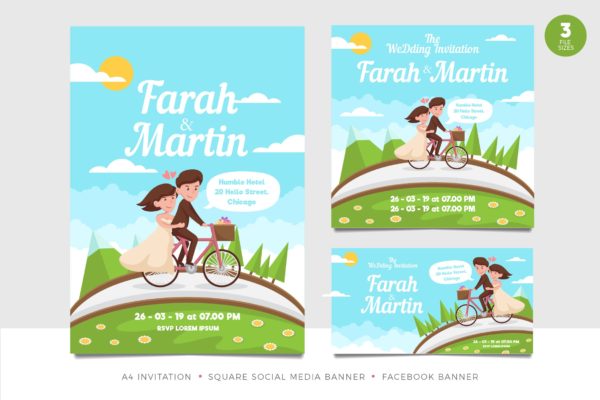 浪漫手绘设计风格婚礼邀请函素材库精选模板套件 Romantic Couple Wedding Invitation Set Template