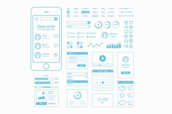 简约设计风格手机APP应用线框图草图设计模板 Clean UI Kit for Rough Sketching