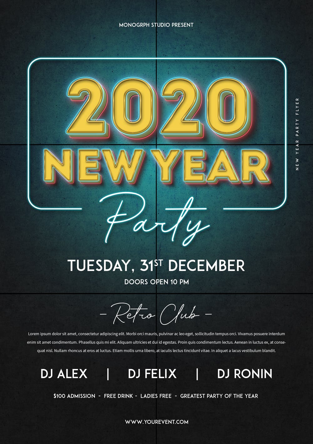 LED霓虹灯管特效新年主题派对海报传单模板 New Year Party Flyer插图(1)