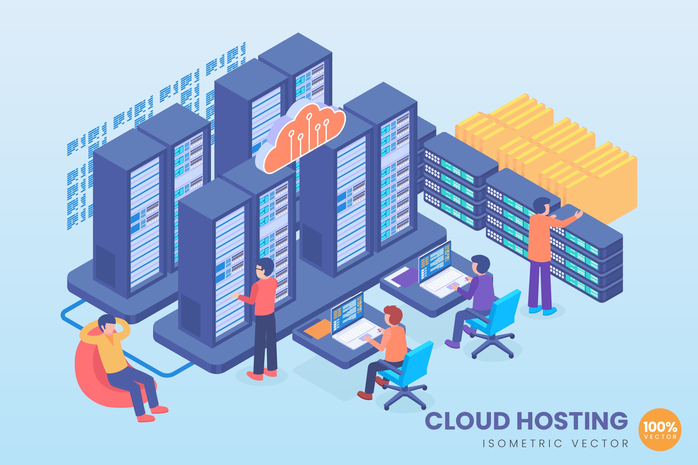 云服务器技术等距矢量概念插画素材 Isometric Cloud Hosting Technology Vector Concept插图