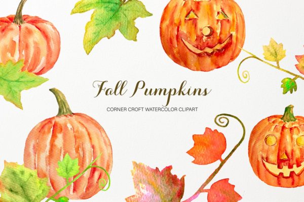 水彩南瓜手绘插画剪贴画PNG素材 Watercolor Pumpkins Clipart