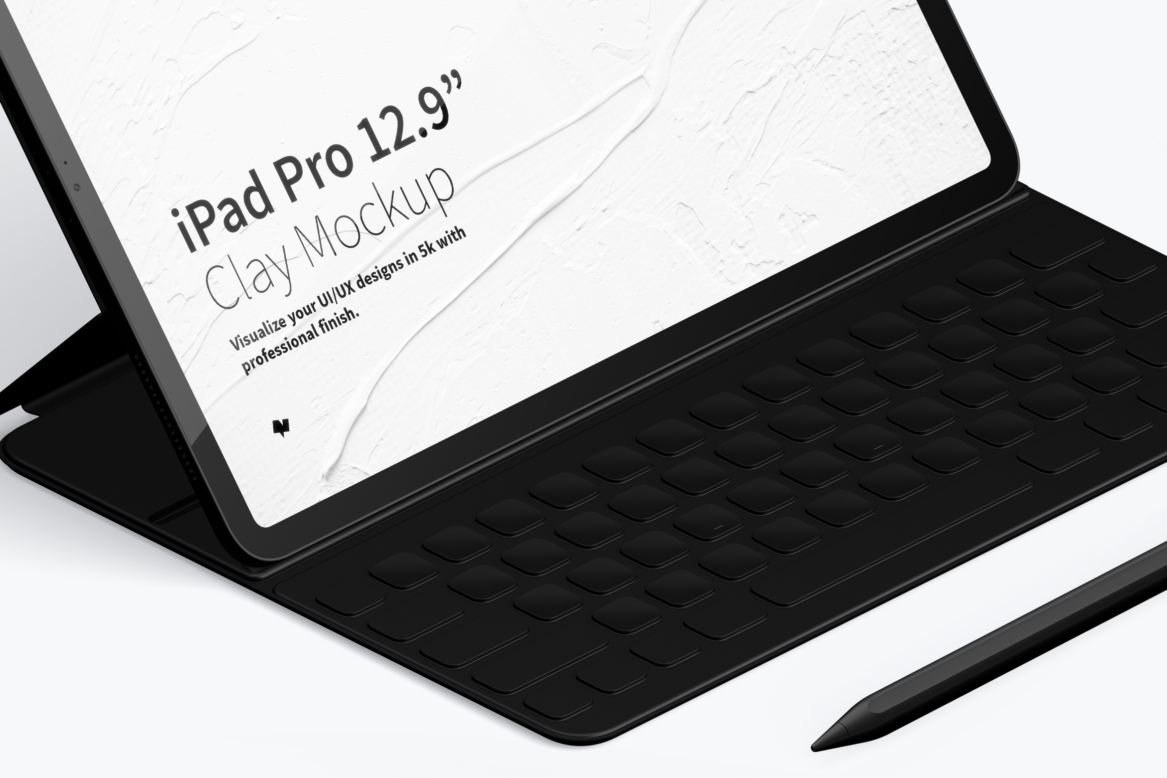 附带键盘iPad Pro平板电脑UI设计效果图左视图样机 Clay iPad Pro 12.9” Mockup, Isometric Left View With Keyboard插图(1)