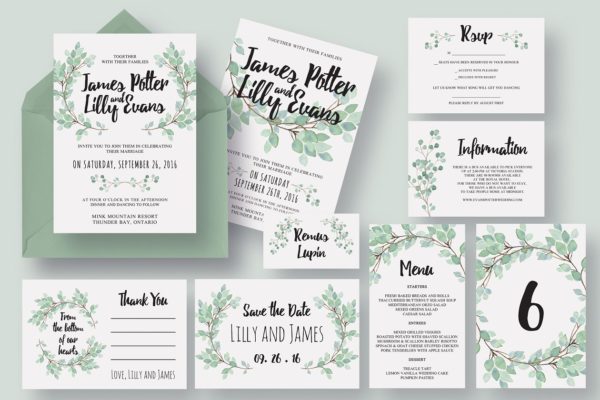 绿植装饰桉树婚礼邀请函模板 Eucalyptus Wedding Invitation Suite