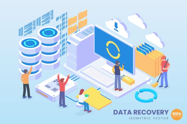 数据恢复技术等距矢量科技素材库精选概念插画v1 Isometric Data Recovery Vector Concept