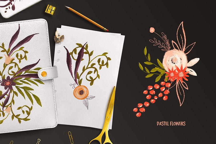 手绘花卉水粉画插画 Pastel Flowers插图(2)