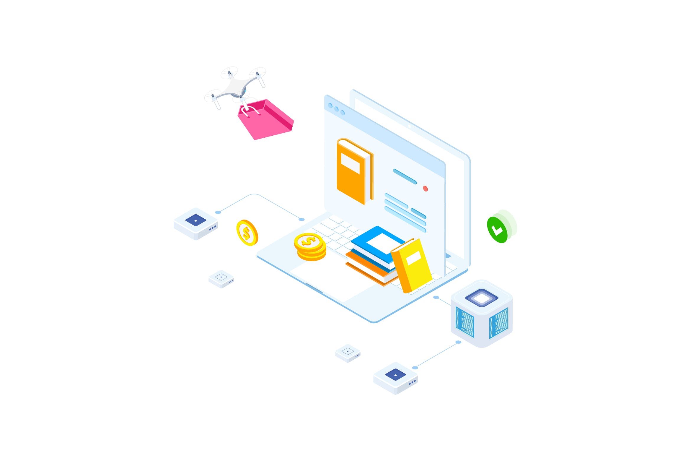 区块链电商主题等距矢量概念插画v6 E-commerce on Blockchain Isometric 6 – FV插图