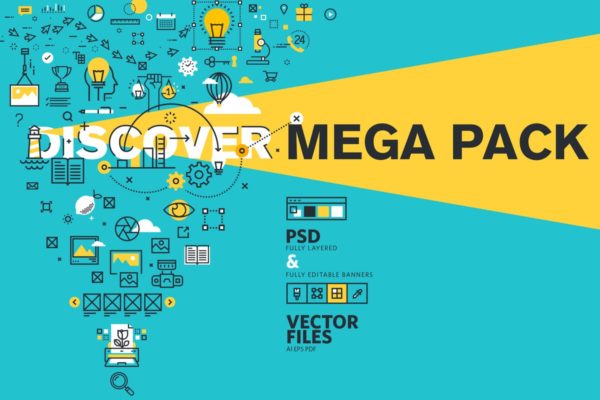 细线扁平设计风格字体插画混合Banner设计模板 Thin Line Flat Design Word Banners Pack