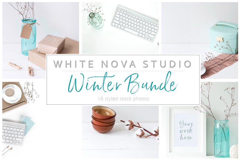 蓝色主点缀办公场景样机模板 Blue stock photo bundle插图