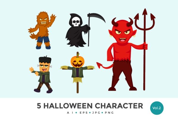 5个万圣节可爱怪物卡通人物矢量图形素材v2 5 Cute Halloween Monster Vector Character Set 2