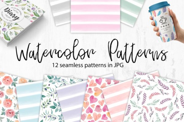 花卉&amp;条纹水彩无缝图案 Watercolor Seamless Patterns. Flowers and stripes